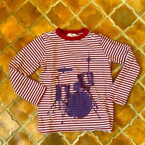 Mini Boden size 5-6Y red and white striped cotton T-shirt drum purple